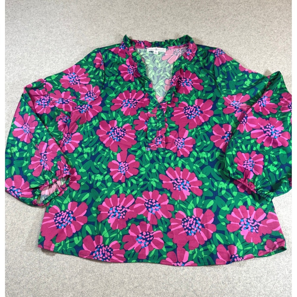 Michelle McDowell Floral Blouse Womens Medium Pink Green Ruffle Neck Peasant Top